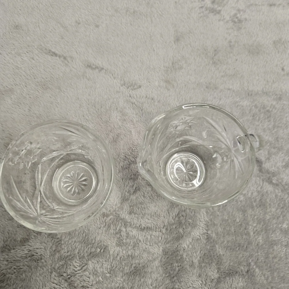 Vintage Clear Pressed Glass Creamer and Sugar Bowl Set Starburst Pattern